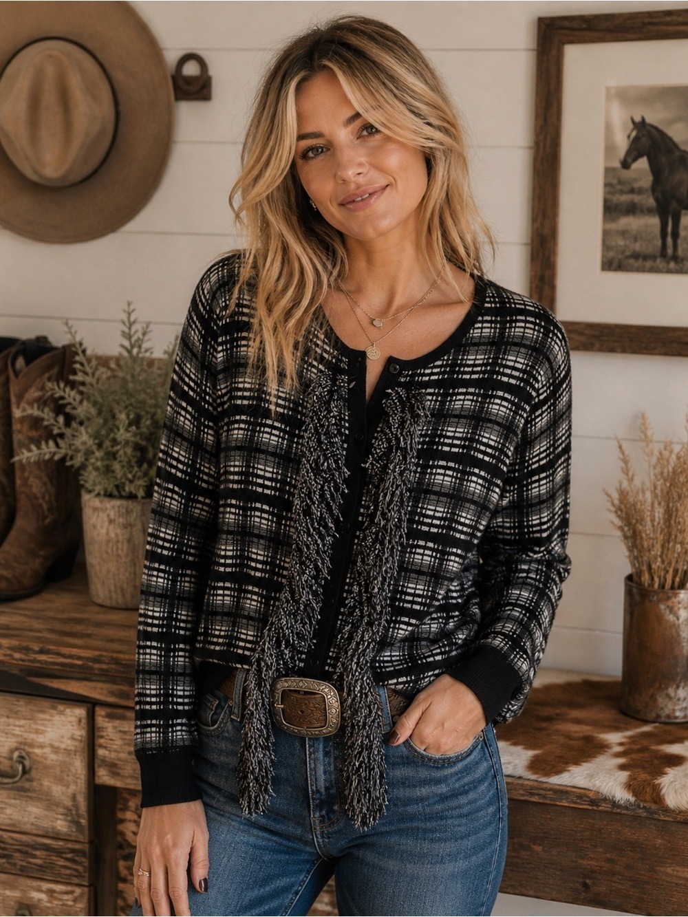 𝅺ELLEN Tracy cardigan sweater checkers fringe cotton plaid black white small